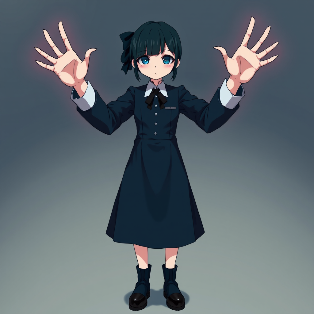 Digital art, full height portrait of Wednesday Addams, standing up with her hands in the air as if in a hold-up. Her dark, gothic attire replaces Alice’s classic blue dress, and she wears black shoes instead of blue. A small, neat black bow adorns her hair, capturing her signature style. The overall composition maintains a whimsical yet eerie tone, similar to Alice in Wonderland, while showcasing Wednesday’s iconic gothic charm.