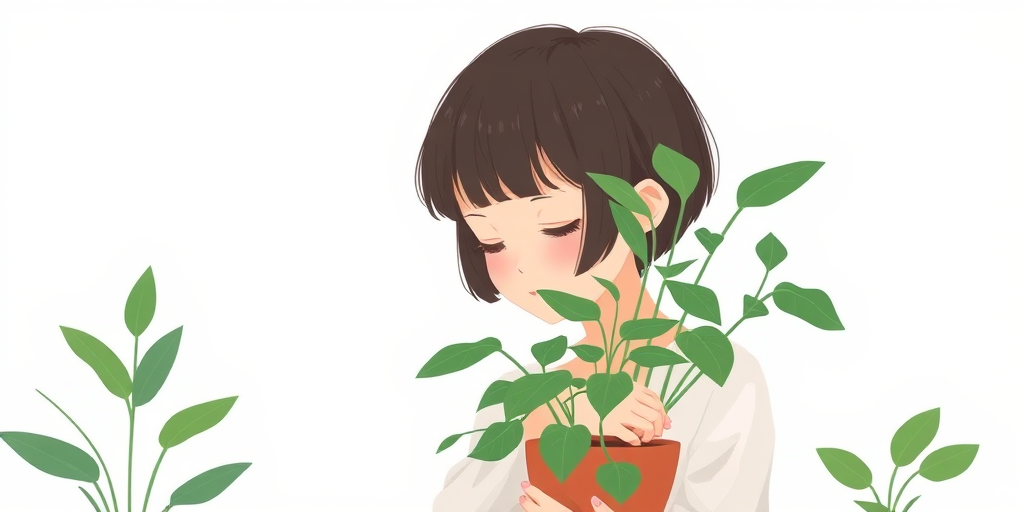 Create a digital illustration of a girl with short hair, gently hugging a potted plant, in a minimalist style with soft colors and a light background, using a Canon EOS R5 with a 50mm lens, aperture f/1.8, ISO 100, and soft natural lighting for enhanced clarity and detail.