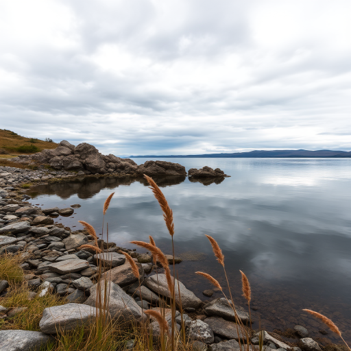 Serene lake landscape with rocky shoreline, calm water reflecting moody skies, reeds in foreground, shot with a DSLR camera at f/8 aperture, 1/125 sec shutter speed, ISO 100, wide-angle lens, in soft natural light.