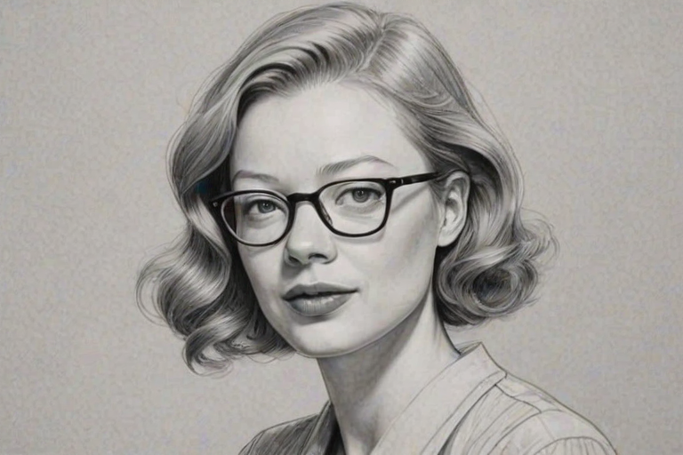 Delightful Sarah Snook, pencil sketch, portrait of Dazzling woman 1935s in glasses, hair style beatnik, outline, clear lines, fine lines, 8k