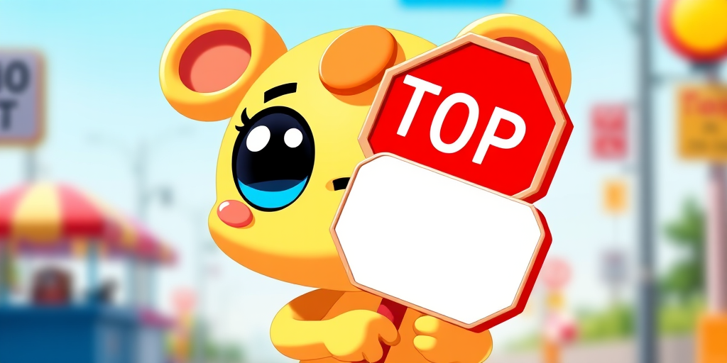Create a vibrant cartoon image of a cute character holding a stop sign with large expressive eyes and a blank speech bubble, using a Canon EOS R5 camera with a 50mm lens, aperture set to f/1.8, ISO 100, and a vibrant color profile to enhance the overall quality and clarity.