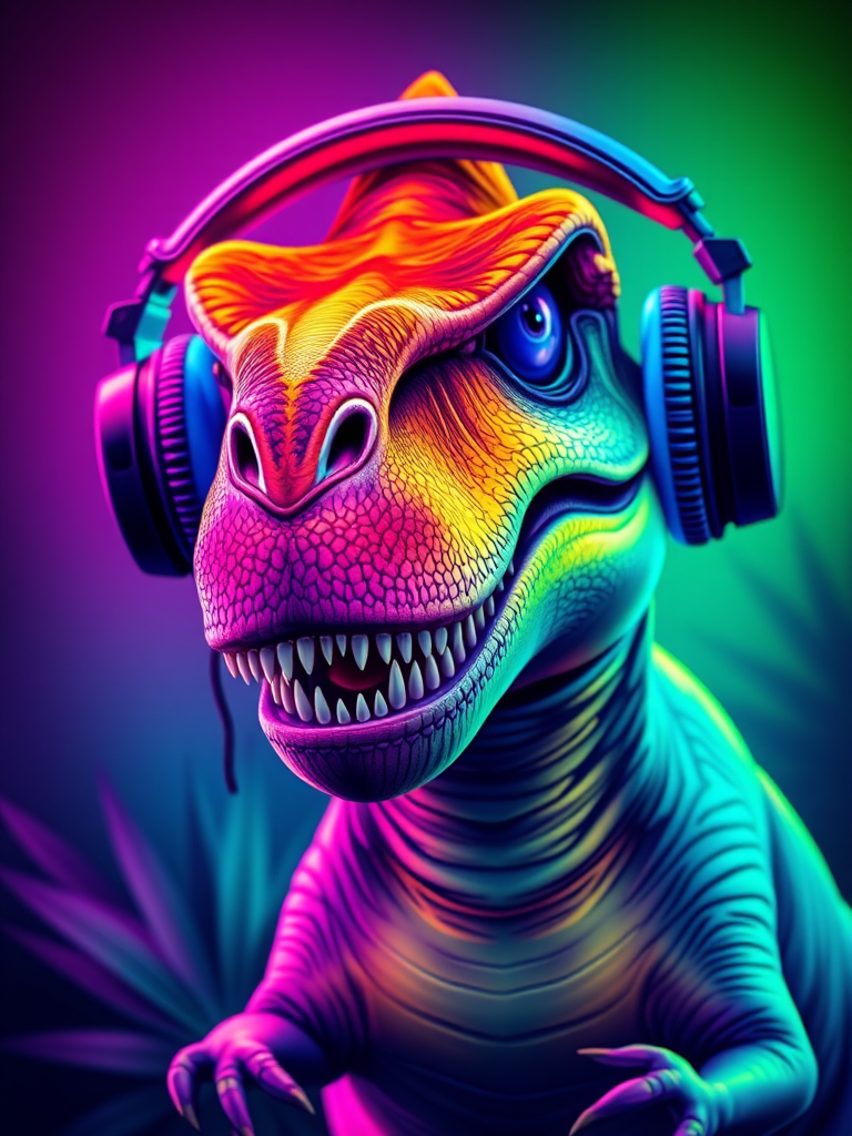 A vibrant and colorful illustration of a dinosaur wearing headphones, showcasing neon colors and dynamic lighting, captured with a DSLR camera in portrait mode, f/2.8 aperture, ISO 200, shutter speed 1/200 sec, high dynamic range imaging, and enhanced saturation for vivid detail.