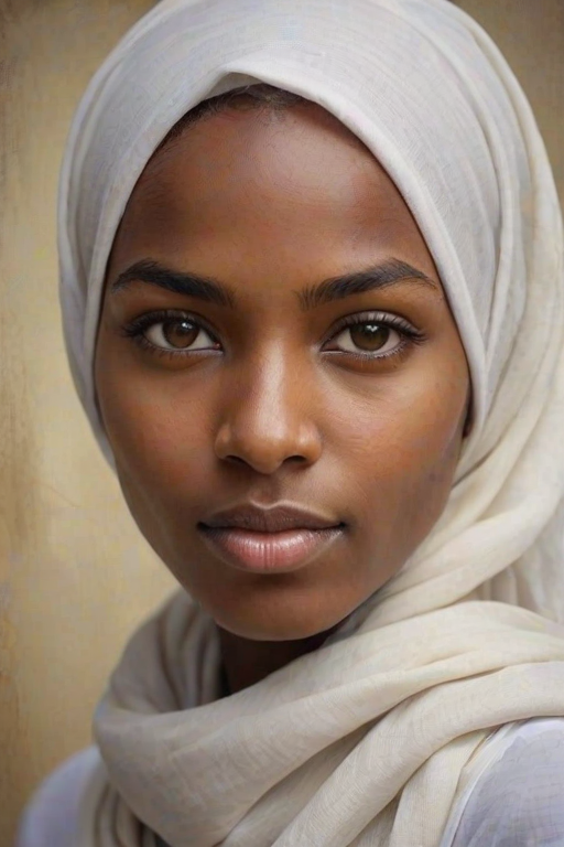 Create a portrait of a young Nubian female with long, dark hair and captivating hazel eyes. She is wearing a white headscarf and a matching scarf draped gracefully around her neck. The background is softly blurred, focusing attention on her serene and natural expression. The overall color palette is muted and warm, enhancing the intimate and authentic feel of the portrait.