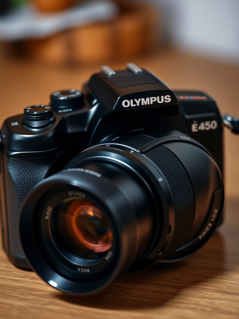 Capture a high-resolution image of a black Olympus E-450 camera with a 14-42mm lens, using a shallow depth of field, ISO 100, aperture f/2.8, shutter speed 1/125 sec, taken from a slightly elevated angle to highlight the camera's features, with soft lighting to enhance detail and avoid harsh shadows, utilizing a DSLR format for clarity.