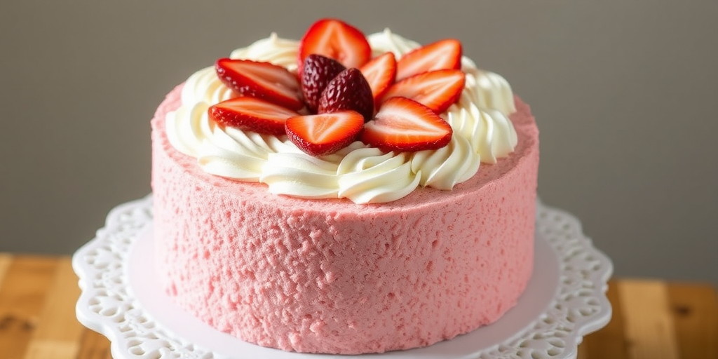 A beautifully decorated cake with a textured pink crumb coating topped with swirls of white frosting and fresh strawberry halves arranged on top, set on a decorative white cake stand.