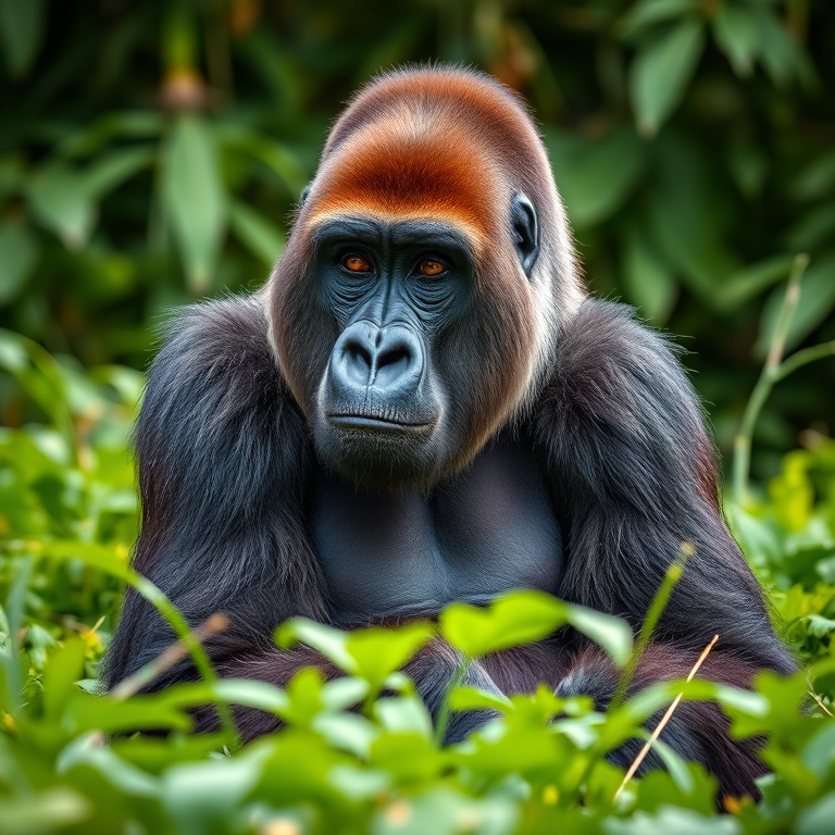 A close-up shot of a silverback gorilla sitting calmly in a lush green environment, using a DSLR camera with a 50mm lens, aperture set at f/2.8, ISO 200, shutter speed 1/250 sec, capturing vibrant colors and fine details in a natural light setting.