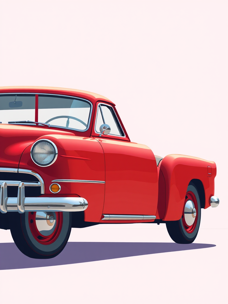 high-resolution illustration of a vintage red car, side view, 50mm lens, f/8 aperture, natural lighting, digital art style, flat design