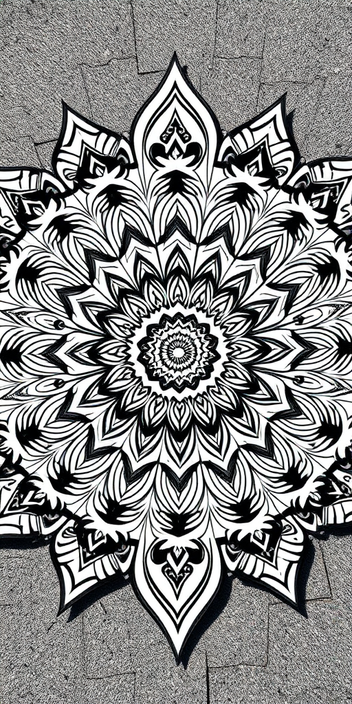 Create a highly detailed mandala design with intricate patterns and symmetry in monochrome, using a DSLR camera with a 50mm lens at f/8 aperture, ISO 100, shot from a top-down perspective in natural light for enhanced clarity and sharpness.