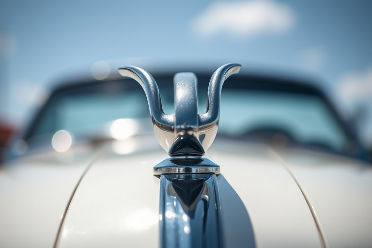 Capture a close-up of a chrome car hood ornament in bright daylight, using a DSLR camera with a 50mm lens, aperture set to f/2.8 for a shallow depth of field, ISO 100, and a shutter speed of 1/250s, highlighting the intricate details and reflections.