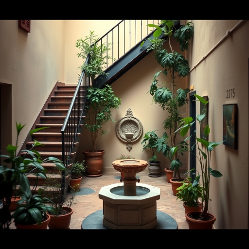 Interior courtyard with a staircase, lush plants in pots, a decorative well, soft natural lighting, perspective view, DSLR camera, f/4 aperture, ISO 200, 24mm lens, slight vignette effect.