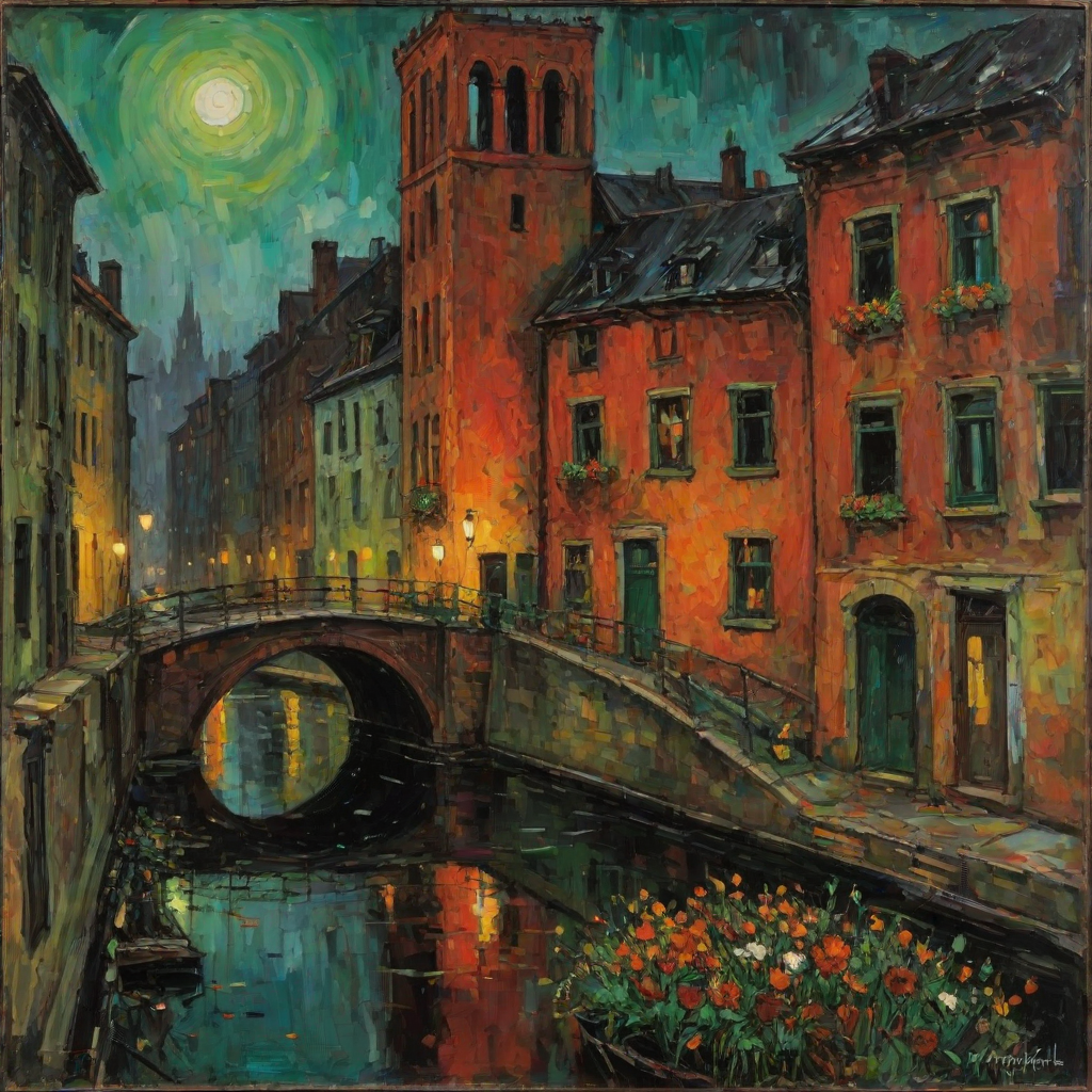 Misty Night, october. Half the frame is occupied by the wall of an old lonely towerhouse. Garlands of flowers hang from the windows. The rest of the frame is a view of the canal and bridge. Abstract expressionism, grunge impasto red orange, black, green intense oil colors on canvas. Jackson Pollock's, naive childish lines, microsplashes. Disturbing, depressive.