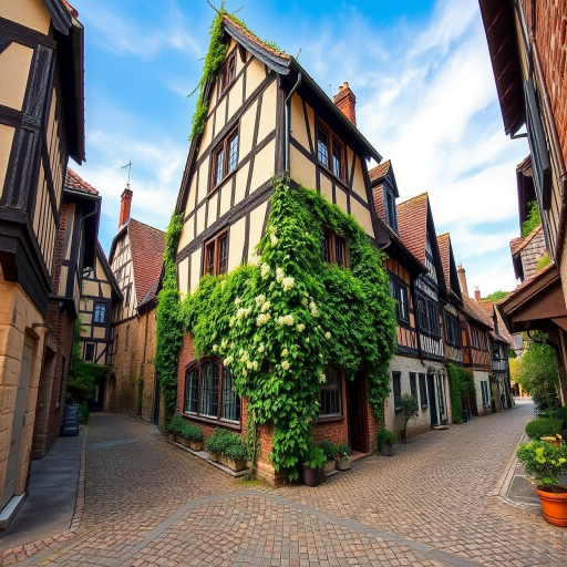 Generate a picturesque medieval village scene with cobblestone streets, timber-framed houses adorned with greenery, and a clear blue sky, captured with a DSLR camera, a 35mm lens, f/8 aperture, ISO 100, and a soft focus effect for depth enhancement.
