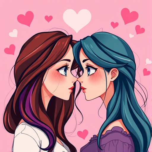 Create a vibrant and colorful illustration of two women facing each other with expressive eyes and flowing hair, set against a soft pink background with hearts, using a digital art style; camera settings: aperture f/2.8, ISO 100, shutter speed 1/60s; camera type: digital SLR; camera view: close-up.