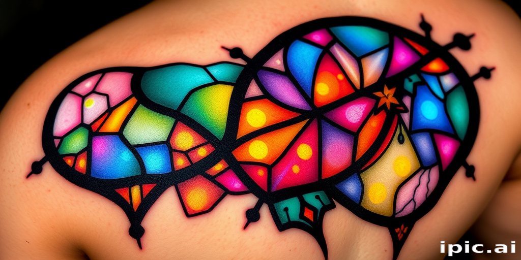 Stained glass tattoo titled "Luminous Fragments" featuring bold black outlines filled with vibrant translucent colors mimicking the look of stained glass windows with intricate details and a play of light and shadow
