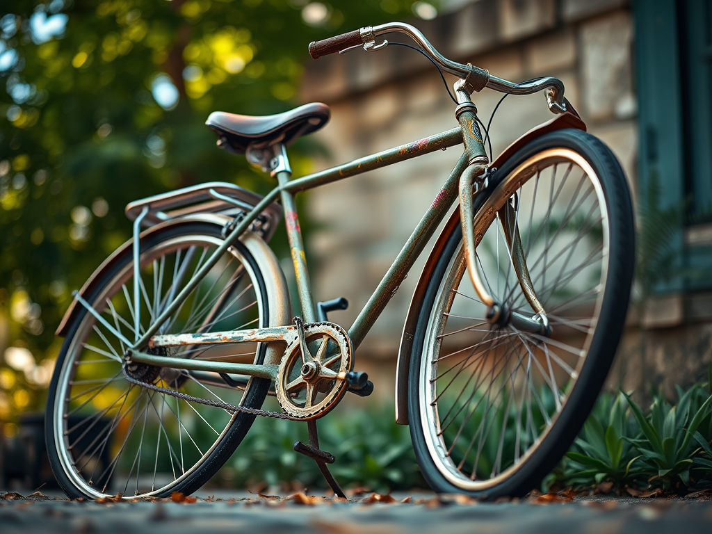 Create a highly detailed illustration of a vintage bicycle, captured with a 50mm lens at f/2.8, ISO 100, with a low angle view and natural lighting to enhance depth and detail.