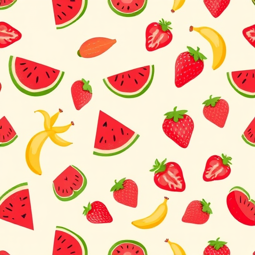 create a repeating pattern of whimsical fruit illustrations including watermelon slices, bananas, and strawberries on a light beige background, shot with a DSLR camera at f/4 aperture, ISO 100, 50mm lens, top-down view, vibrant colors, high saturation, natural light