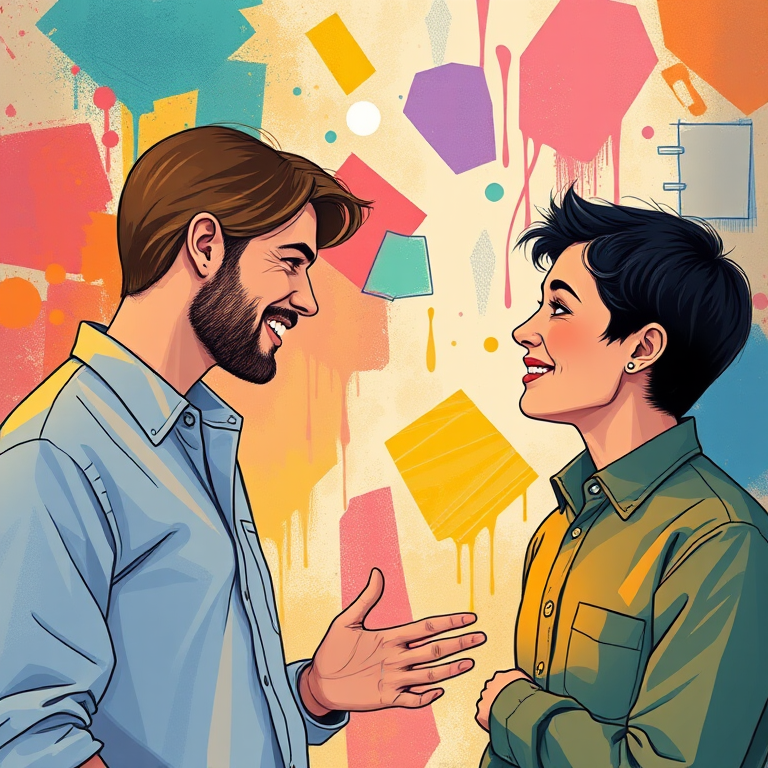 Create an illustration of a woman and a man engaged in a creative conversation, with vibrant abstract colors and shapes in the background, captured with a Canon EOS R5, 50mm lens, f/1.8 aperture, ISO 100, soft focus style.