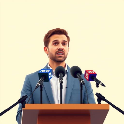 Create a vector illustration of a male speaker at a podium with TV and news microphones, bright solid background, shot with a Canon EOS R5 using a 50mm f/1.2 lens, aperture at f/2.8, ISO 100, and soft lighting to enhance image clarity.