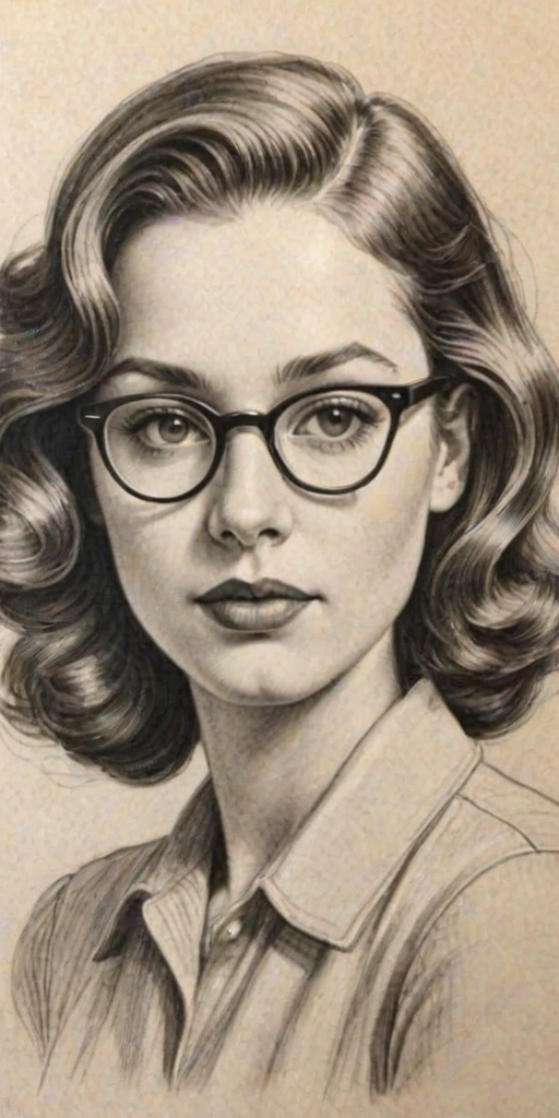 Pleasing Chloe East, pencil sketch, portrait of Charming woman 1939s in glasses, hair style beatnik, outline, clear lines, fine lines, 8k