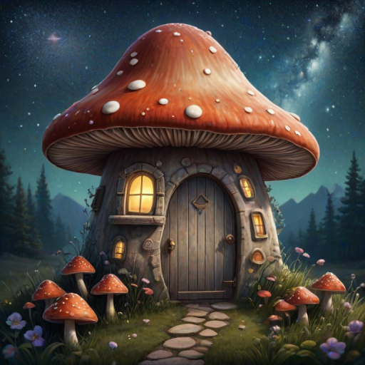 this picture is illustration of a mushroom house with a door and a window, a storybook , fantasy art, mushroom house, bg starry sky, sparkles