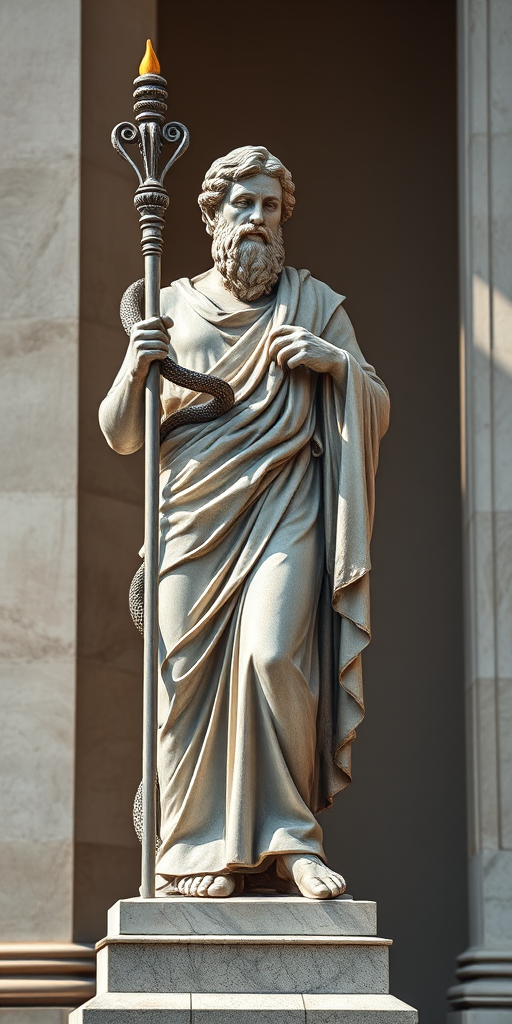 Create a photorealistic image of a classical statue of a philosopher holding a staff with a snake intertwined, captured from a slightly low angle, using a DSLR camera with a 50mm lens, aperture set to f/8 for sharpness, and ISO 100 to minimize noise, ensuring soft natural lighting to enhance texture and detail.