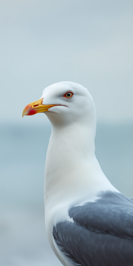 seagull portrait with soft focus background, 50mm lens, f/2.8 aperture, ISO 100, 1/200 sec, taken with a DSLR camera from a low angle for depth, natural light, vibrant colors.