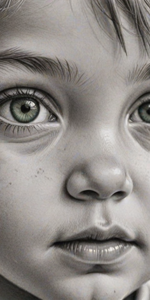 A hyperdetailed photorealistic black and white sketch of a beautiful toddler with deep green eyes, with a macro focus