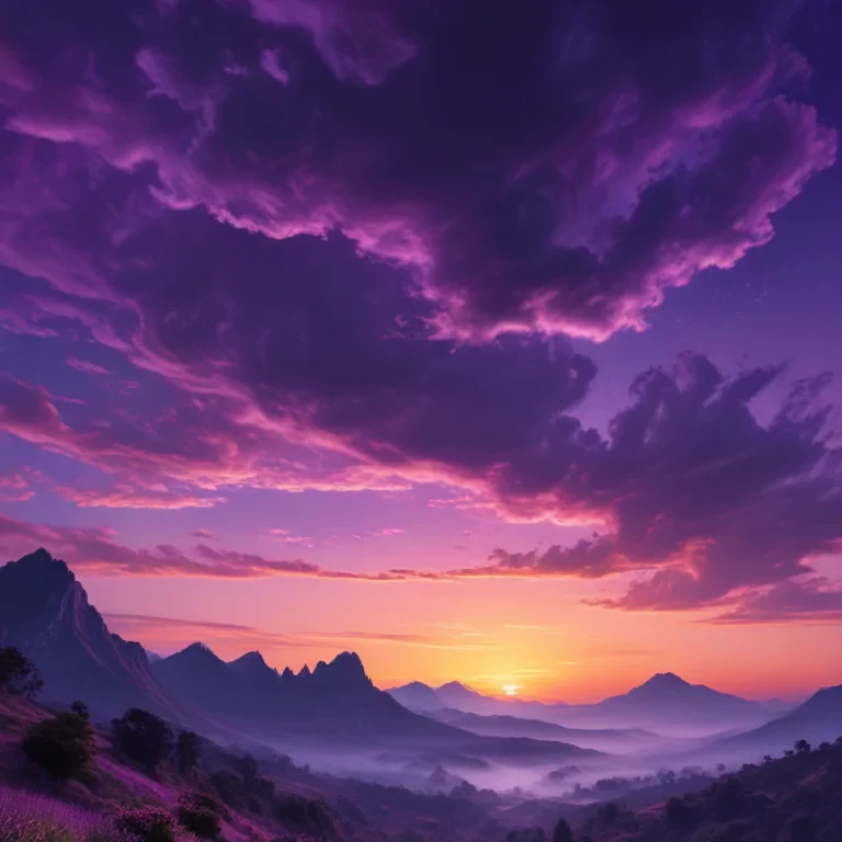 Majestic Mountains Under a Vibrant Purple Sky at Sunset's Embrace