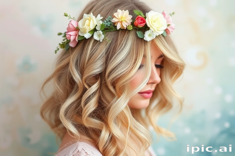 Romantic watercolor balayage blending soft pastels reminiscent of Monet's paintings, styled in loose romantic curls with floral hair accessories