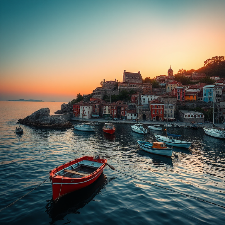 capture a scenic view of a fishing village on calm waters during golden hour with vibrant colors, using a DSLR camera, 50mm lens, aperture f/2.8, ISO 200, shutter speed 1/200s, high angle shot, enhanced clarity and saturation