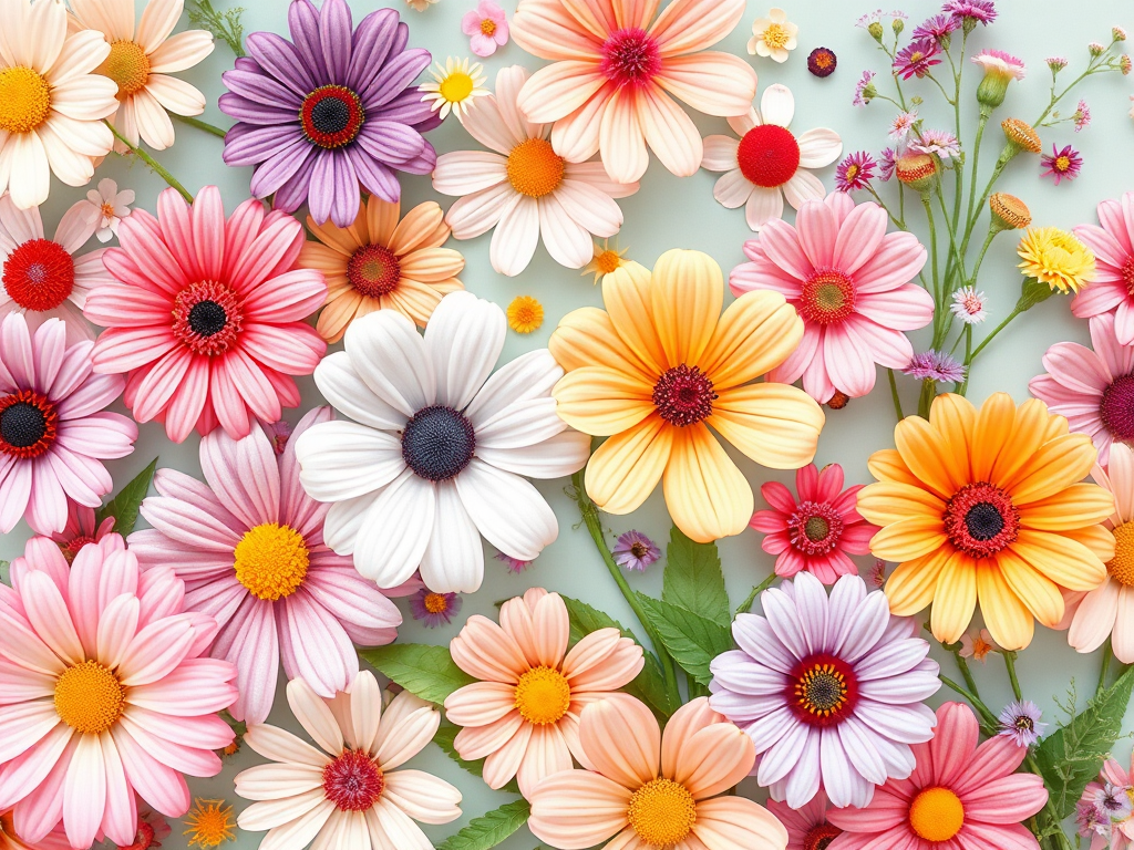 Create a vibrant illustration of assorted flowers in a whimsical style with pastel colors, high-resolution, using a DSLR camera with a macro lens, aperture set to f/2.8 for a shallow depth of field, 50mm focal length, shot from a top-down angle for an overhead view.