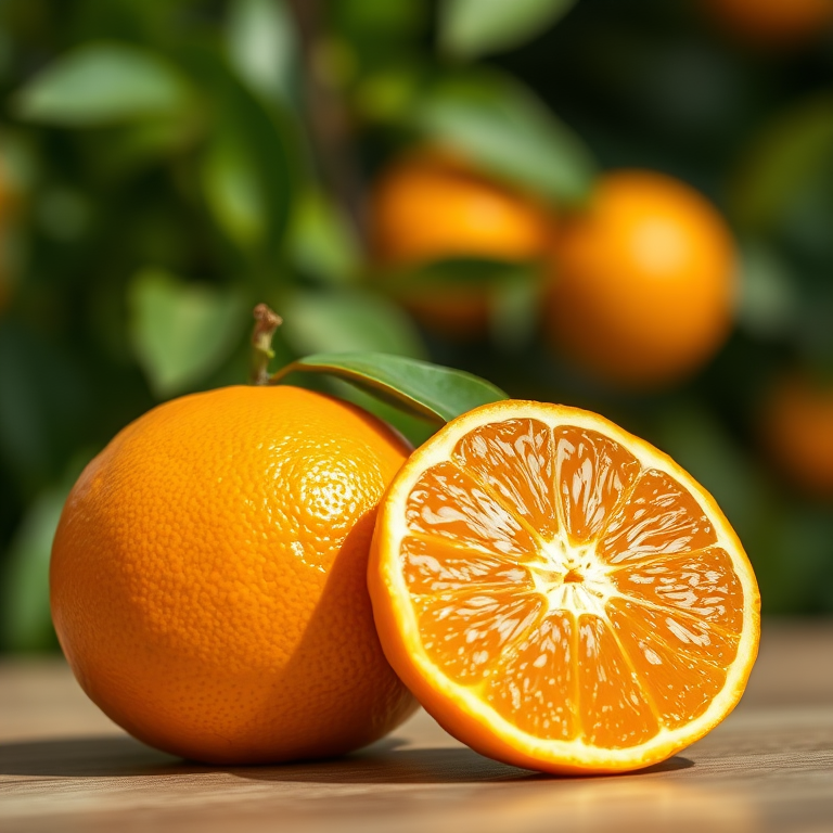 Generate a high-resolution image of fresh oranges, one whole and one sliced in half, with vibrant colors, natural lighting, ISO 100, aperture f/2.8, 50mm lens, and a shallow depth of field to create a soft background blur.