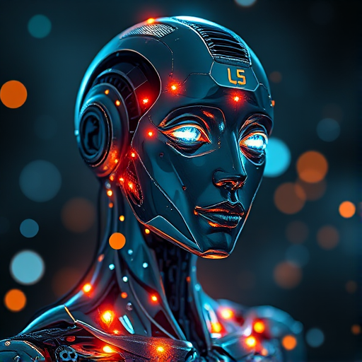 Create a futuristic portrait of a humanoid robot made of shimmering circuits and lights, surrounded by floating orbs and cosmic elements, shot with a DSLR camera, 50mm lens at f/1.8, ISO 100, 1/200s, with a shallow depth of field for a blurred background, in low lighting for enhanced contrast and details.