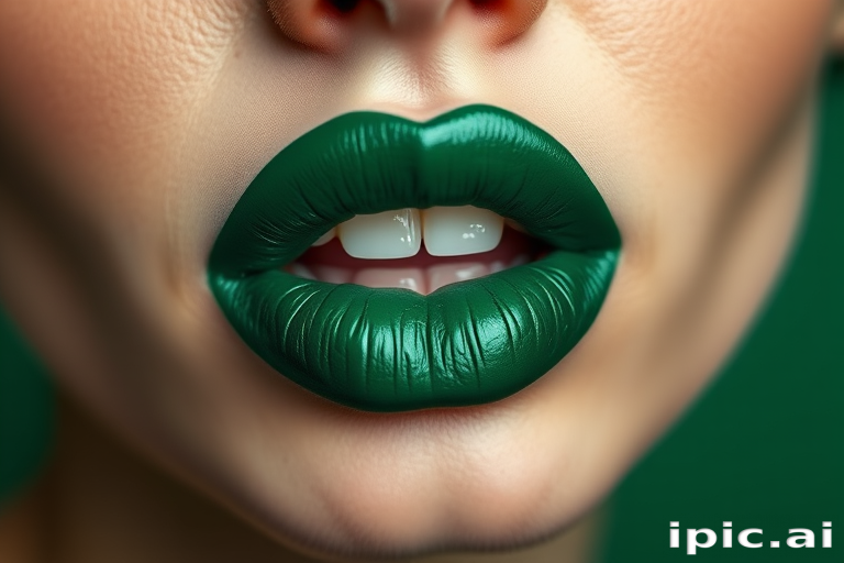 Deep emerald green liquid lipstick coats precisely outlined lips, offering a daring and unconventional appearance with a modern matte finish