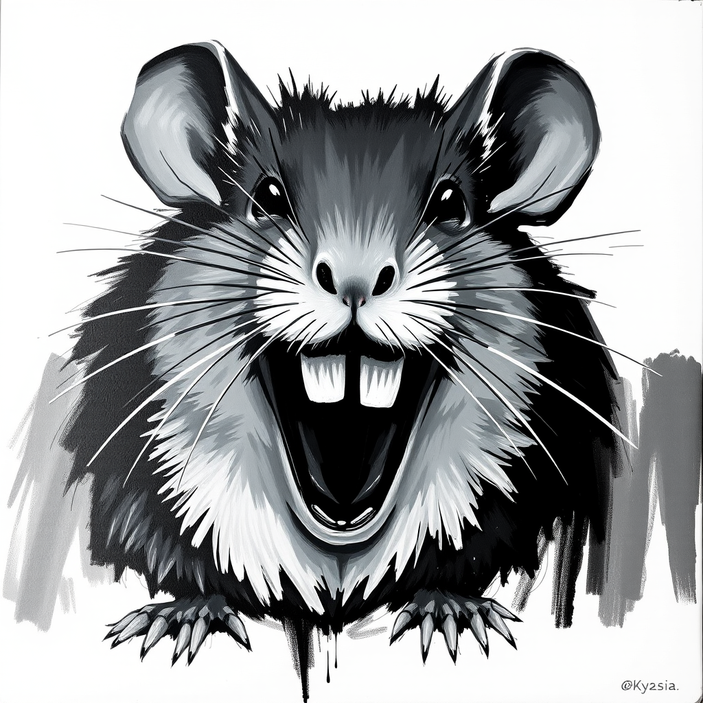 Abstract black and white acrylic portrait of an over exaggerated laughing (mouse). Minimalism style. White background.