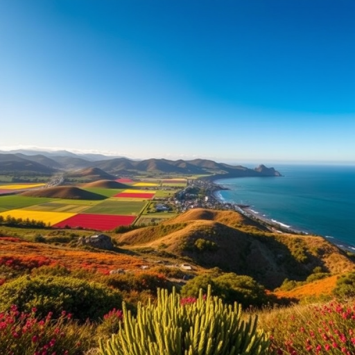 generate a vibrant landscape photograph of a coastal view with rolling hills, clear blue sky, and colorful fields under soft sunlight, using a Canon EOS R5 with a 24-70mm f/2.8 lens at f/8, ISO 100, shutter speed 1/250s, capturing a wide-angle perspective for depth and clarity.