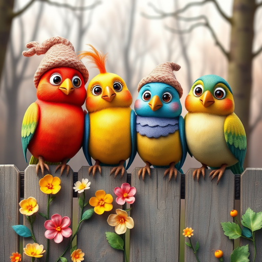 create a scene of 4 quirky  whimsical colourful comical birds each with a funny expression. they are sat on a wooden fence with colourful flowers. they are all different sizes. each one is a different colour  one is wearing a woolly hat. Each one has a different quirky google expression and there is a muted background of trees watercolour paintierly style high definition 8k resolution 3D paper mache