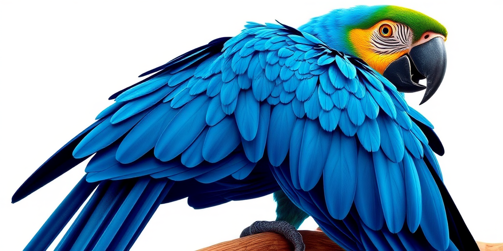 A detailed illustration of a vibrant blue macaw perched in profile, showcasing its long tail feathers and characteristic bright yellow eye patch, captured in a close-up shot with soft lighting, high resolution, f-stop 2.8, ISO 100, 50mm lens, natural color enhancement.