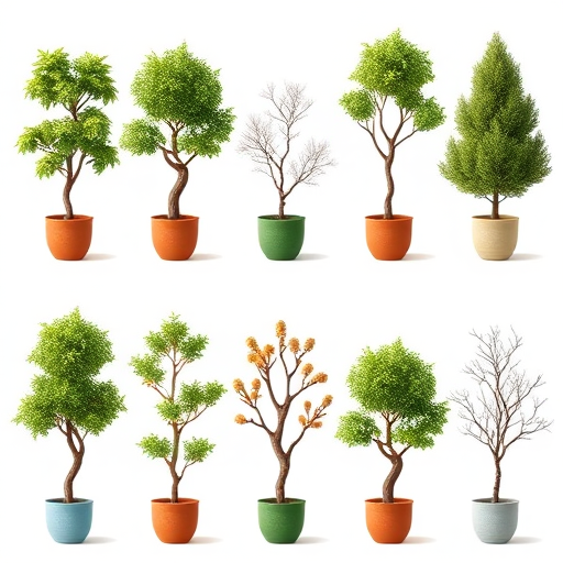 Create a digital illustration of nine trees in pots arranged in a 3x3 grid, featuring a mix of lush green trees and one bare tree, use soft lighting, high resolution, shot with a DSLR camera at f/4, ISO 100, with a 50mm lens for sharp focus and vibrant colors.