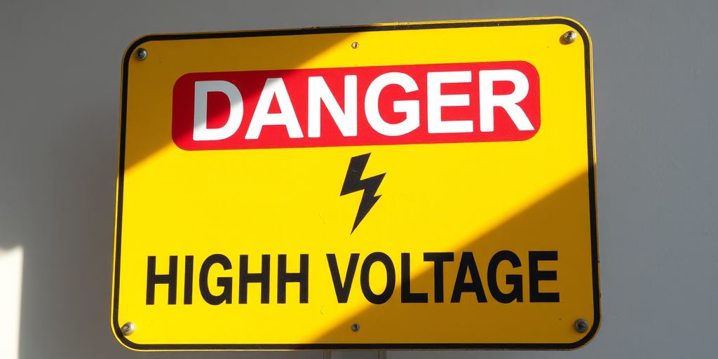 Create a high-resolution image of a warning sign that says "DANGER HIGH VOLTAGE" with a lightning symbol, using a DSLR camera with a 50mm lens, aperture f/2.8, ISO 100, and natural lighting, capturing a clear view of the sign against a plain background.