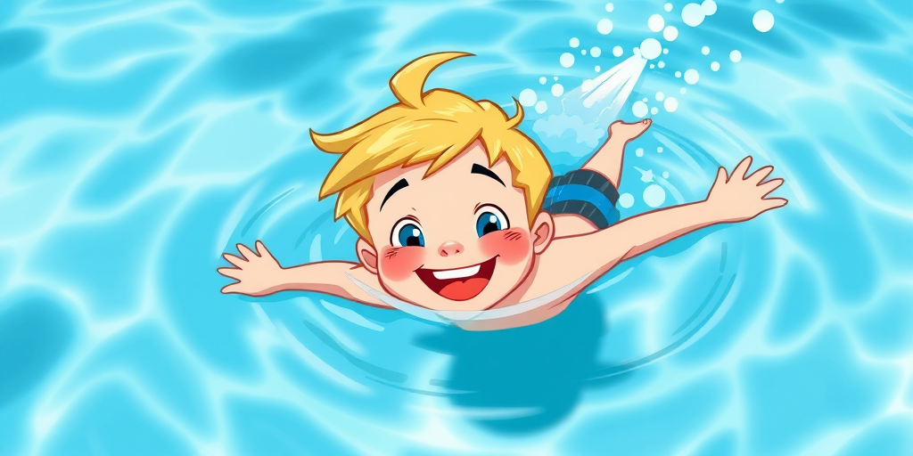 Create an illustration of a cheerful young boy with blonde hair swimming in bright blue water, using a digital art style with high contrast colors, in a 2D cartoon format; settings: ISO 200, f/8, 1/100s, 24mm lens, soft light, centered view.