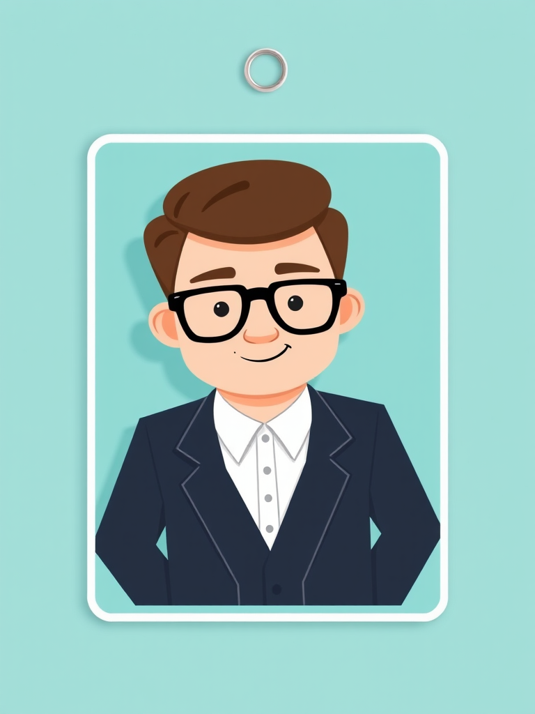 Create a high-resolution digital ID card design featuring a cartoon character with glasses and a suit, centered on a smooth turquoise background, use a flat design style, camera settings ISO 100, f/5.6, 1/200s, camera view top-down, camera type DSLR.