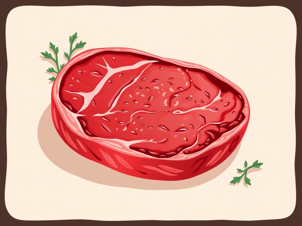 Create a stylized illustration of a raw steak with vibrant red color on a soft cream background, using a Canon EOS R camera, 50mm lens, aperture f/2.8, ISO 100, and a shallow depth of field for enhanced quality and detail.