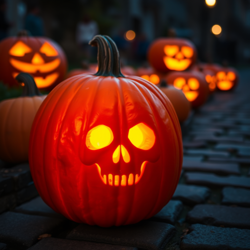 A glowing carved pumpkin with a skull design in the foreground, surrounded by other jack-o'-lanterns on a cobblestone path, soft evening light, aperture f/2.8, shutter speed 1/60 sec, ISO 200, 50mm lens, shallow depth of field, DSLR camera, warm color tones.