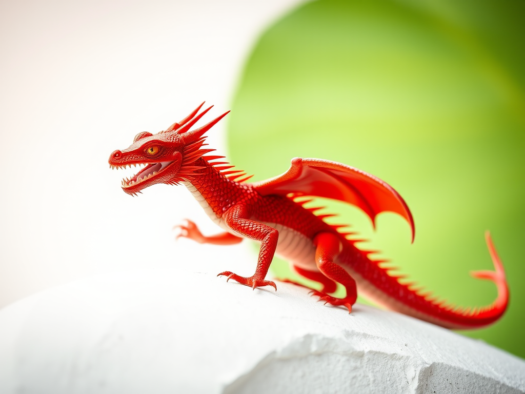 Create an image of a vibrant red dragon on a white and green background, captured with a DSLR camera at f/5.6, ISO 200, 24mm focal length, shallow depth of field, in daylight for optimal color richness and clarity.
