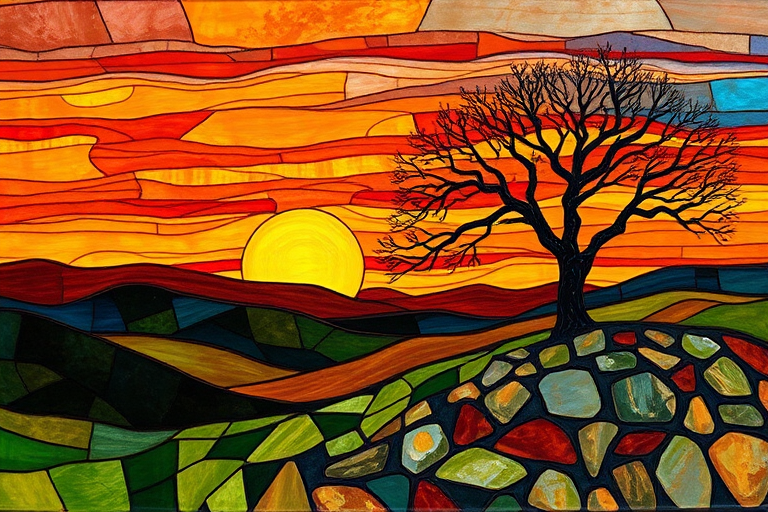 A vibrant abstract painting on Tiffany Glass, blending acrylic and alcohol ink techniques, captures a dramatic sunset over rolling hills. The artwork features a textured, rocky foreground in green and brown, layered abstract hills, and a striking sunset in rich oranges, yellows, and reds. A solitary black tree with intricate branches contrasts against the fiery sky, creating a dynamic and expressive portrayal of a breathtaking natural scene.