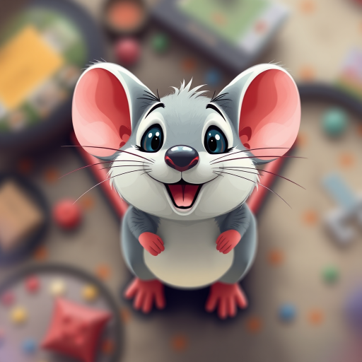 Create a high-quality illustration of a cartoon mouse from a top-down view using a Canon EOS 5D Mark IV, f/2.8 aperture, ISO 200, 50mm lens, with a soft focus background and vibrant colors.
