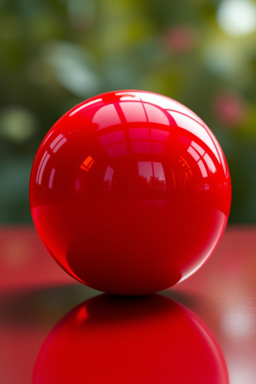 Create a highly detailed 3D render of a glossy red sphere, captured with a Canon EOS R5, 50mm lens, f/1.8 aperture, ISO 100, natural lighting to enhance reflections and shadows, focusing on vibrant color and smooth texture.