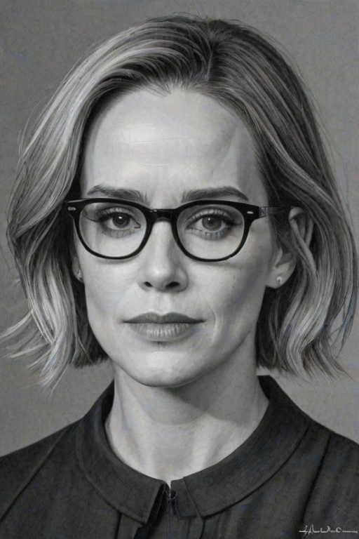 Comely Sarah Paulson, pencil sketch, portrait of Radiant woman 1969s in glasses, hair style beatnik, outline, clear lines, fine lines, 8k