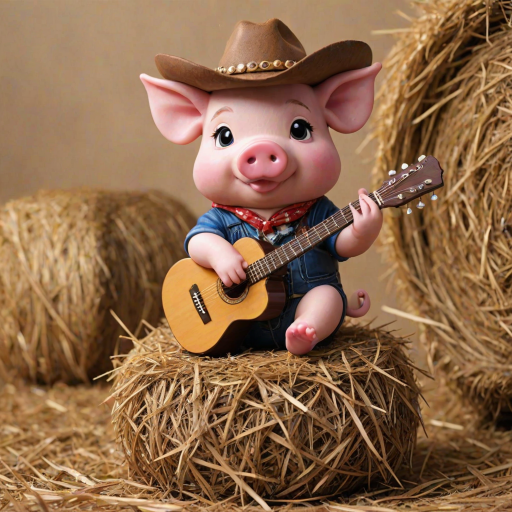 A chibi pig, dressed as a cowboy, playing guitar, sitting on a hay bale